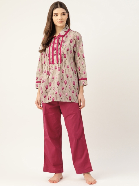 

COTCLO Women Taupe & Magenta Pure Cotton Printed Night Suit