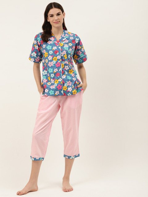 

COTCLO Women Blue & Pink Floral Printed Pure Cotton Night Suit