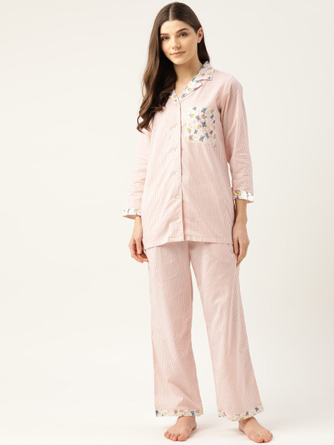 

COTCLO Women Pink & White Striped Pure Cotton Night Suit