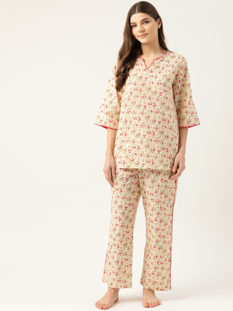 

COTCLO Women Cream-Coloured & Pink Pure Cotton Floral Print Night Suit