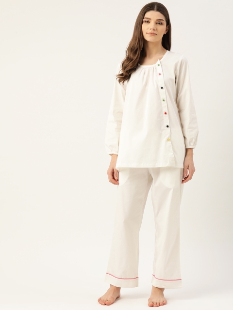 

COTCLO Women White Pure Cotton Solid Night Suit
