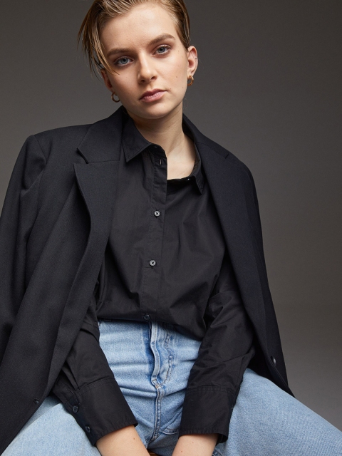 

H&M Women Black Solid Cotton Shirt