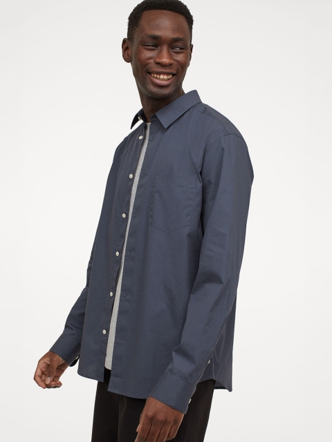 

H&M Men Blue Solid Premium Cotton Shirt