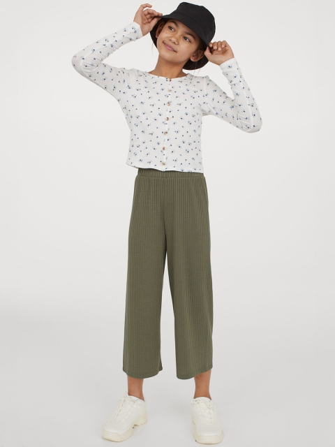 

H&M Girls Olive Green Solid Wide Jersey Trousers