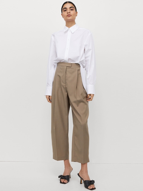 

H&M Women Beige Wide Pleat-Detail Trousers