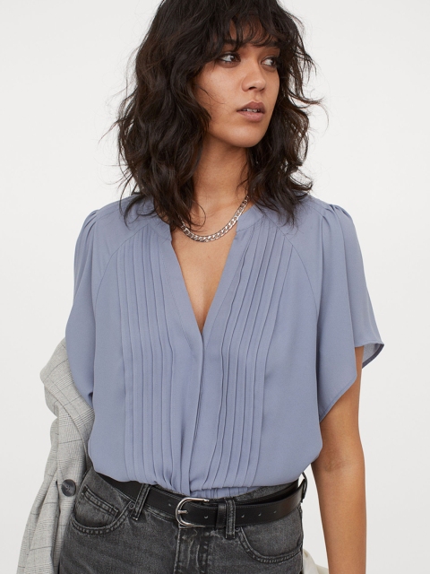 

H&M Women Blue Solid Pin-Tuck Blouse