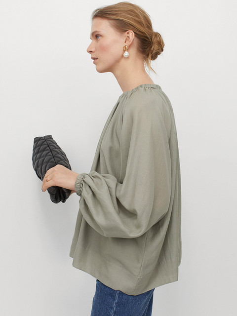 

H&M Women Olive Green Silk-Blend Blouse
