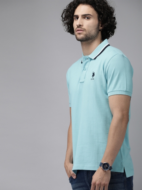 

U.S. Polo Assn. Men Turquoise Blue Pure Cotton Solid Polo Collar Pure Cotton T-shirt