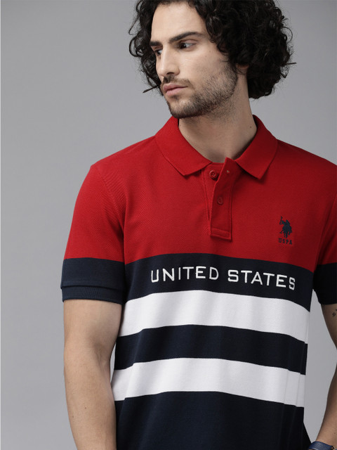 

U.S. Polo Assn. Men Red Navy Pure Cotton Striped Polo Collar Pure Cotton T-shirt