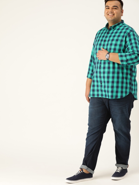 

Sztori Men Plus Size Green & Navy Blue Pure Cotton Regular Fit Checked Casual Shirt