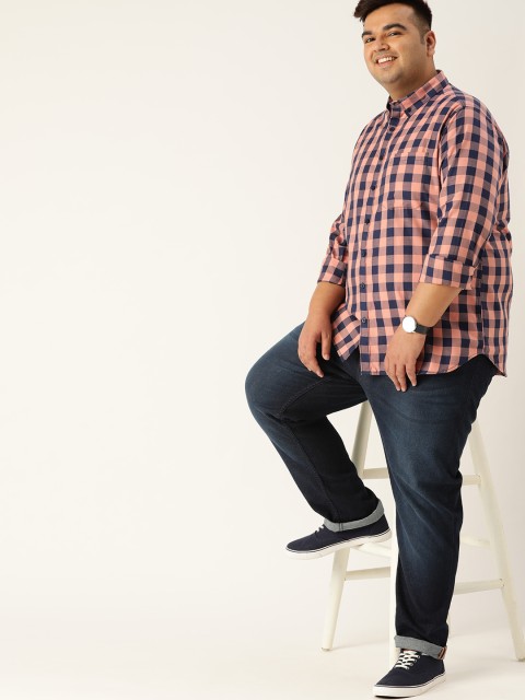 

Sztori Men Plus Size Navy Blue & Peach-Coloured Pure Cotton Regular Checked Casual Shirt