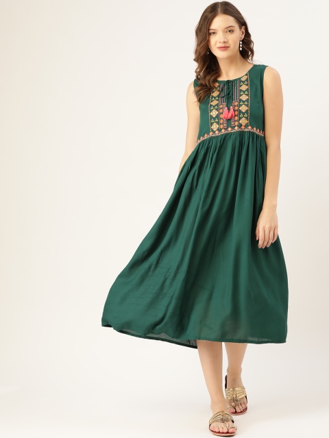 

Sangria Women Green Embroidered A-Line Dress with Gathers