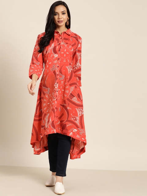 

Sangria Women Coral Red & White Ethnic Motifs Printed High-Low Straight Kurta
