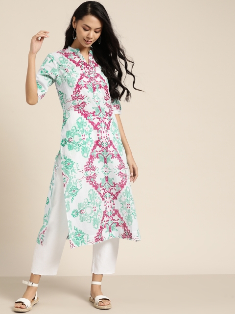 

Sangria Women White & Pink Geometric Printed Pure Cotton Kurta