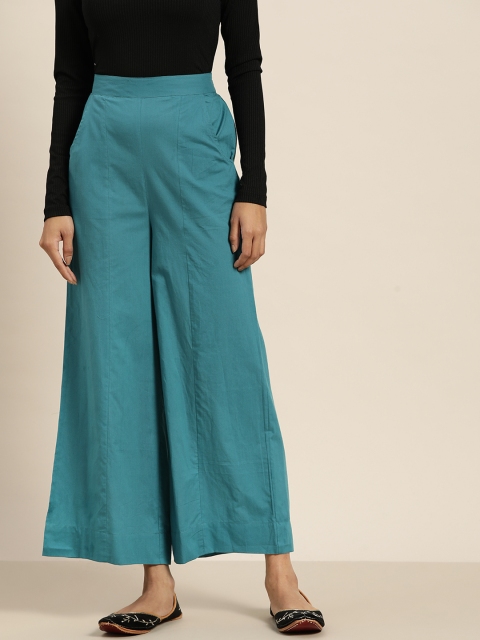 

Sangria Women Teal Blue Solid Cotton Palazzos