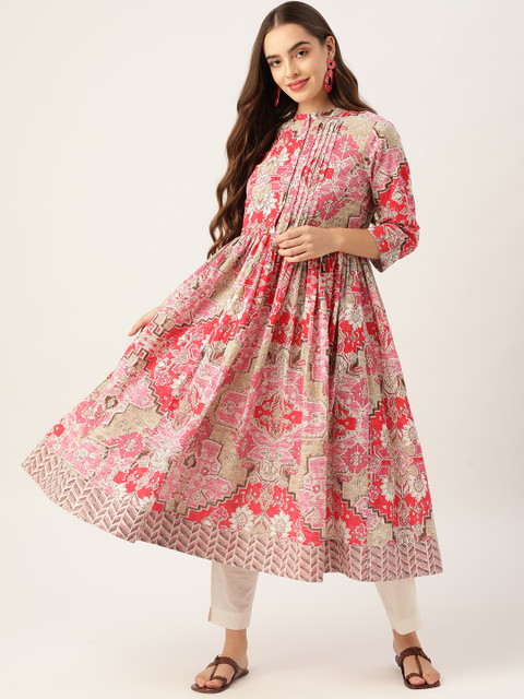 

Sangria Women Red & Off White Pure Cotton Ethnic Motifs Printed Kurta