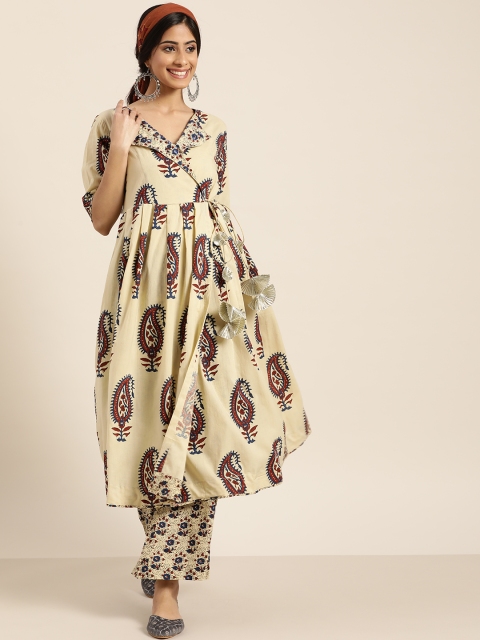 

Sangria Women Beige & Navy Blue Printed Angrakha Kurta with Palazzos