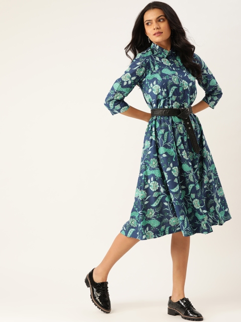 

Sangria Women Teal Blue & Green Floral Print Pure Cotton Midi Shirt Dress