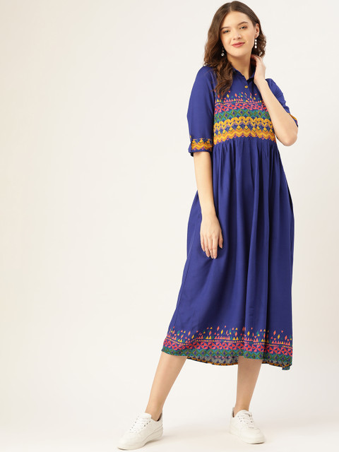 

Sangria Women Navy Blue Solid A-Line Dress With Printed Yoke Design
