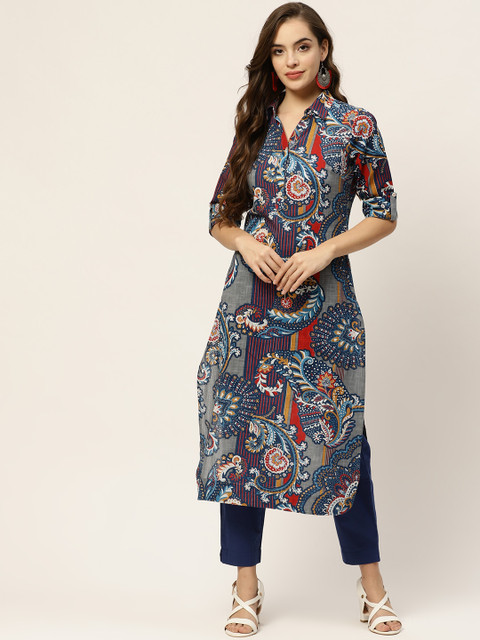 

Sangria Women Grey & Navy Blue Ethnic Motifs Printed Pure Cotton Indigo Kurta