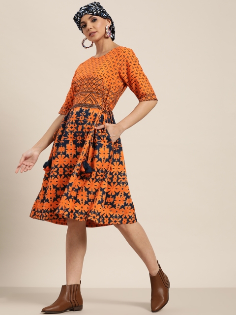

Sangria Orange & Navy Blue Ethnic Motifs Print Gathered A-Line Dress