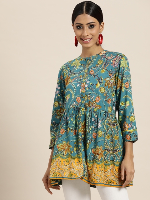 

Sangria Women Teal Blue & Yellow Floral Print A-Line Top