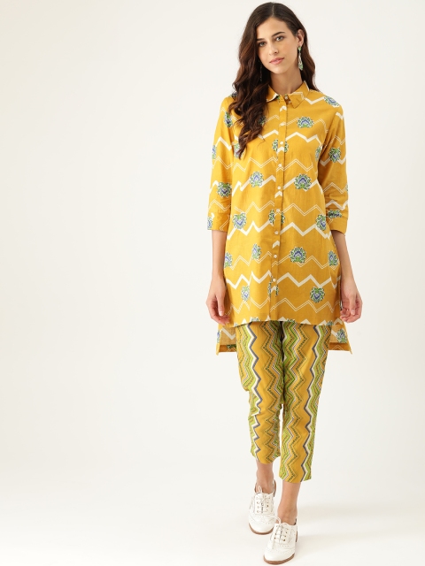 

Sangria Women Mustard Yellow & White Chevron Pure Cotton Kurta with Trousers