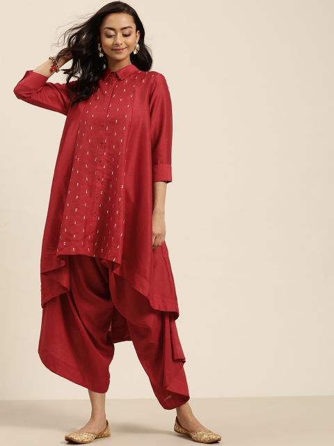 

Sangria Women Red & Golden Embroidered Kurta with Palazzos