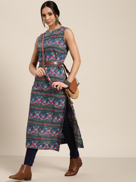 

Sangria Women Blue & Pink Ethnic Motifs Printed Straight Kurta