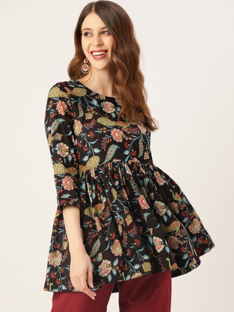 

Sangria Black & Beige Pure Cotton Ethnic Print A-Line Top