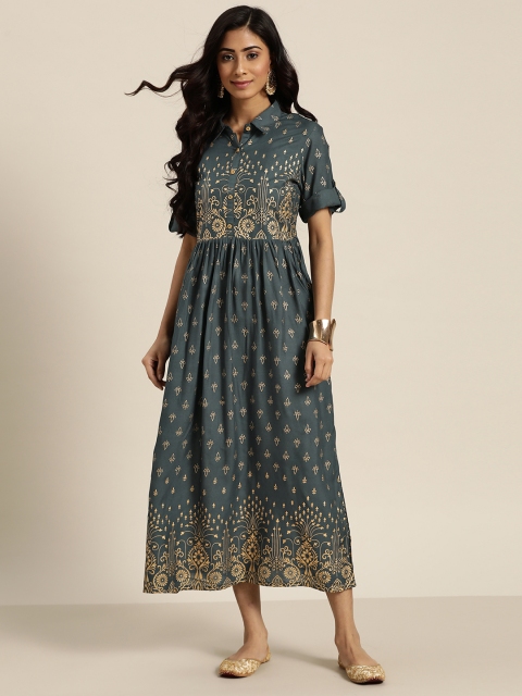 

Sangria Women Teal Blue & Golden Ethnic Motifs Printed Shirt Dress
