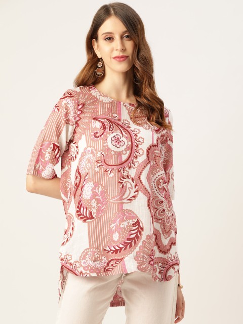 

Sangria White & Pink Ethnic Printed High-Low Top