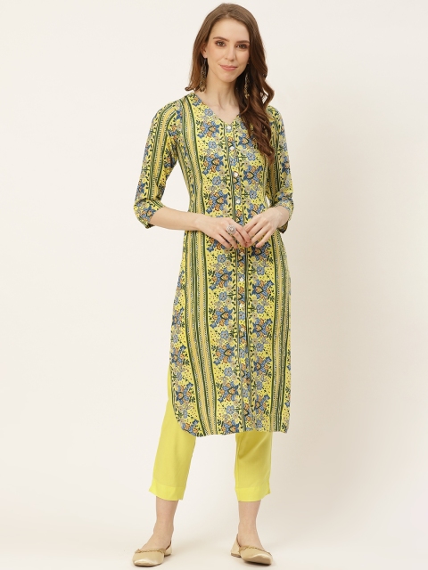 

Sangria Women Lime Green & Blue Ethnic Motifs Printed Kurta with Trousers