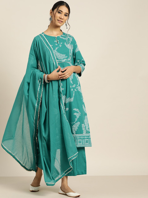 

Sangria Women Blue & White Printed Gotta Patti Pure Cotton Kurta with Palazzos & Dupatta