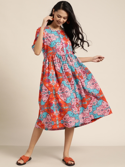 

Sangria Orange & Blue A-Line Cotton Midi Dress