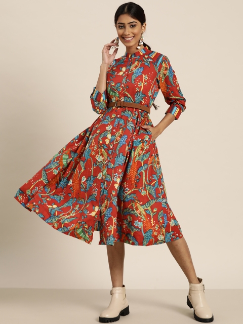 

Sangria Red & Blue Ethnic Motifs Ethnic A-Line Dress