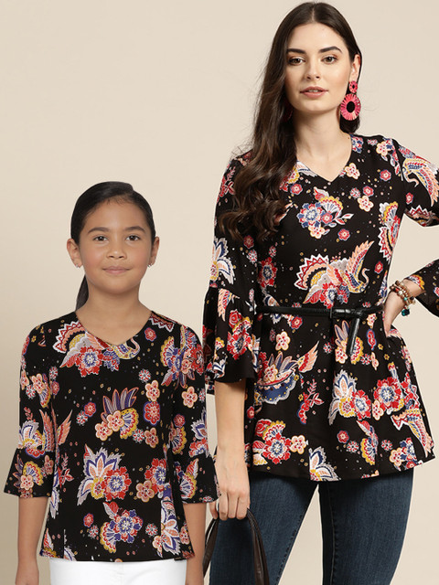 

Sangria Black & Red Ethnic Motifs Printed Bell Sleeves A-Line Top