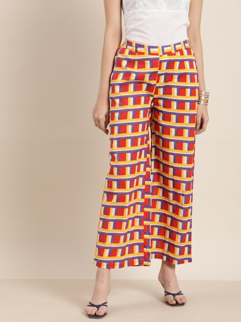 

Sangria Women Multicoloured Checked Cotton Cropped Parallel Trousers, Multi