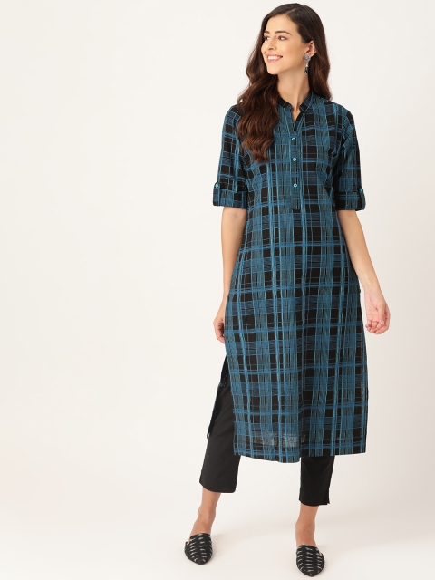 

Sangria Women Black & Blue Checked Pure Cotton Kurta