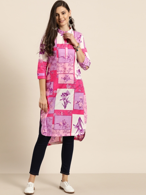 

Sangria Women Pink & Purple Ethnic Motifs Print Pure Cotton Straight Kurta