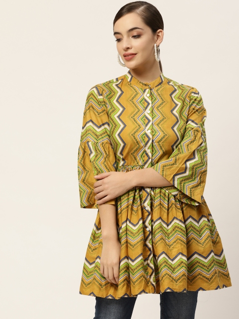 

Sangria Mustard Yellow & Green Geometric Print Mandarin Collar A-Line Top