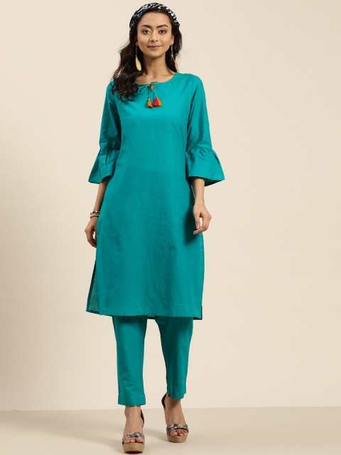 

Sangria Women Teal Blue Pure Cotton Solid Kurta with Trousers
