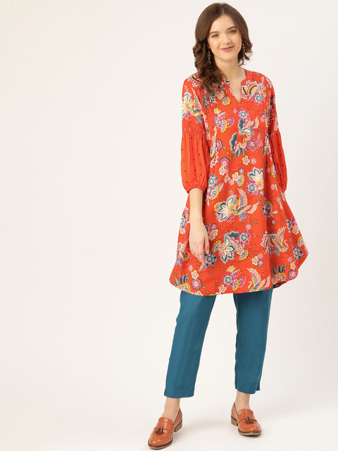 

Sangria Women Orange Floral Printed Kurta with Trousers