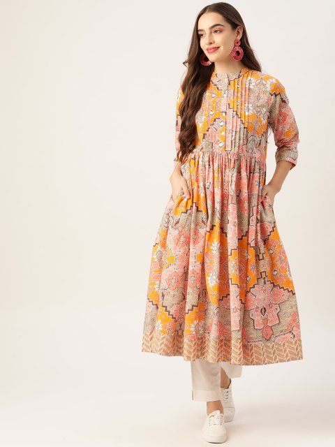 

Sangria Women Peach & Mustard Yellow Pure Cotton Ethnic Motifs Printed Kurta