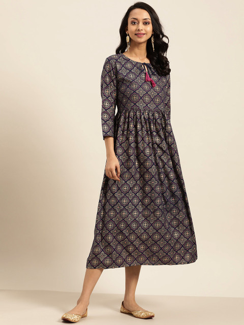 

Sangria Women Navy Blue & Golden Printed Tie-Up Neck A-Line Dress