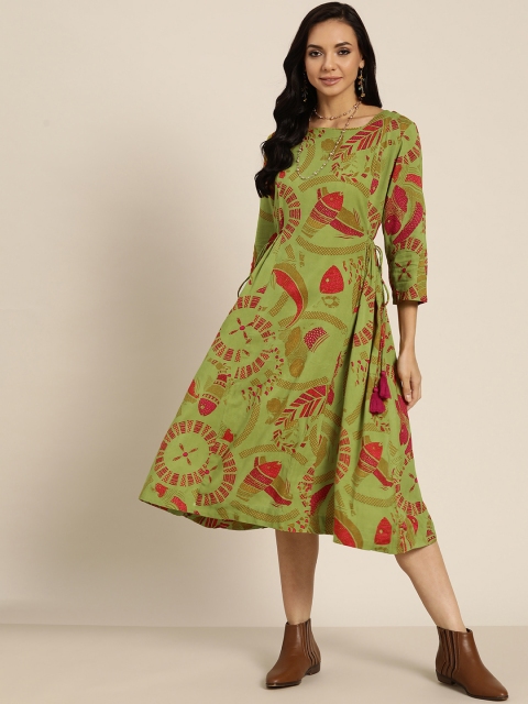 

Sangria Green & Red Ethnic Motif Print A-Line Midi Dress
