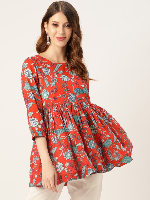 

Sangria Women Orange & Blue Pure Cotton Ethnic Print A-Line Top