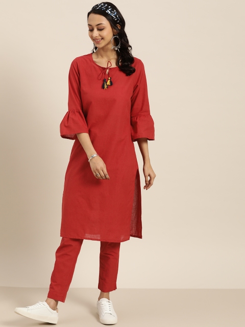 

Sangria Women Red Pure Cotton Solid Kurta with Trousers