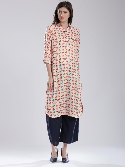 

W Off-White & Orange Hand-Painted Kurta