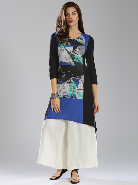 

W Black & Blue Printed High-low A-Line Kurta